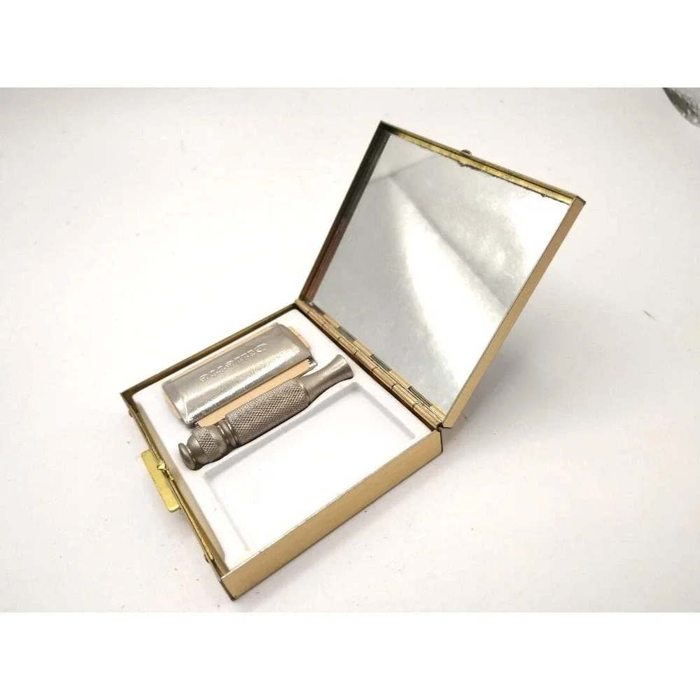 Vintage Gillette Razor Set Small Gold Toned Travel Case 1950s 60s